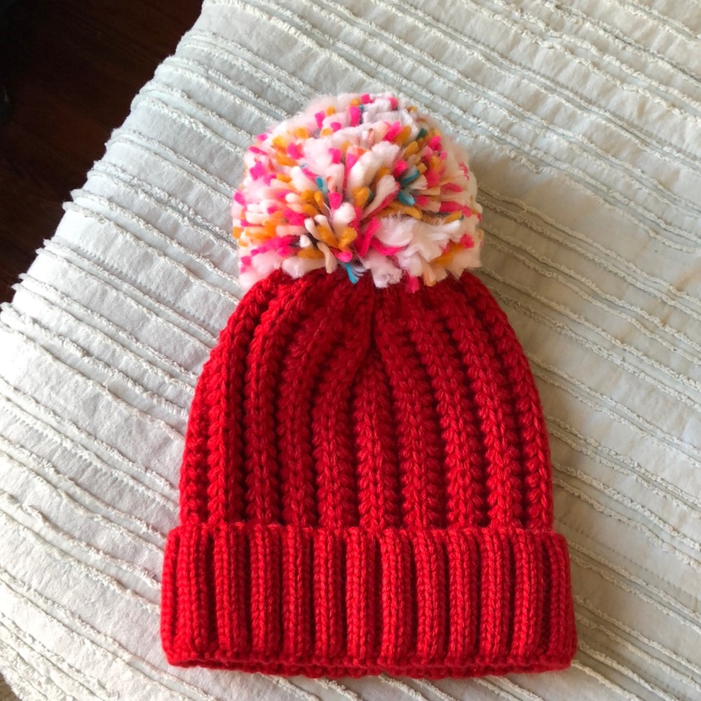Anthropologie Red Knit Pom Beanie with Multicolor Pom
